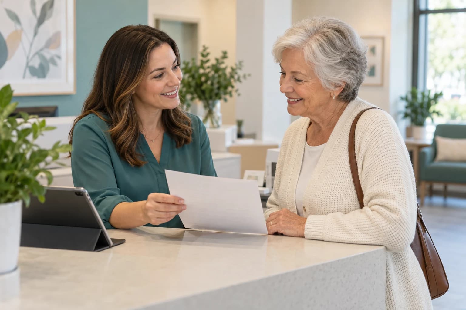 A receptionist and a visitor review an intake form together.